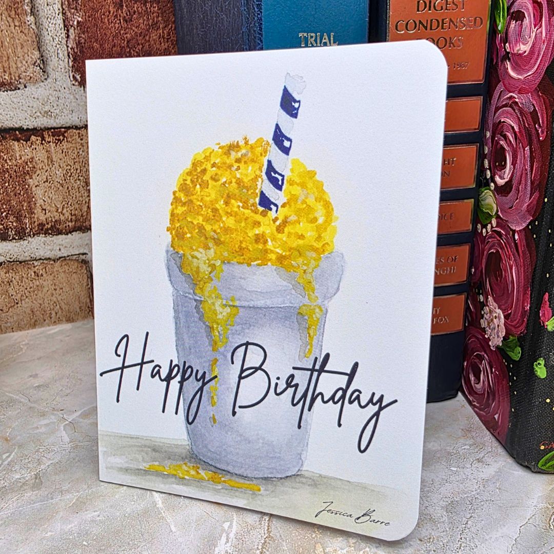 yellow snow ball, watercolor, art, jessica barre art, birthday, birthday card, happy birthday