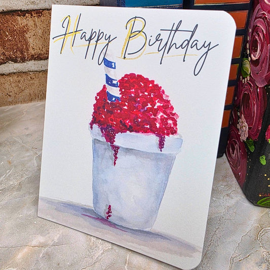 happy birthday, birthday card, Red Snow ball, louisiana, watercolor, jessica barre art