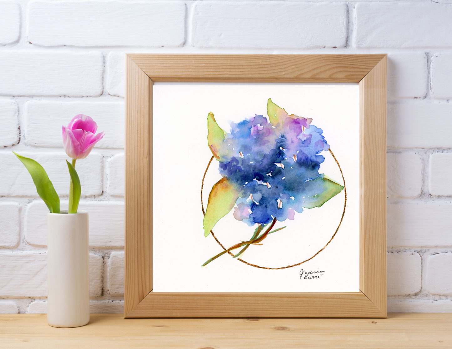 "Soft Hydrangea with Gold Leaf Circle"